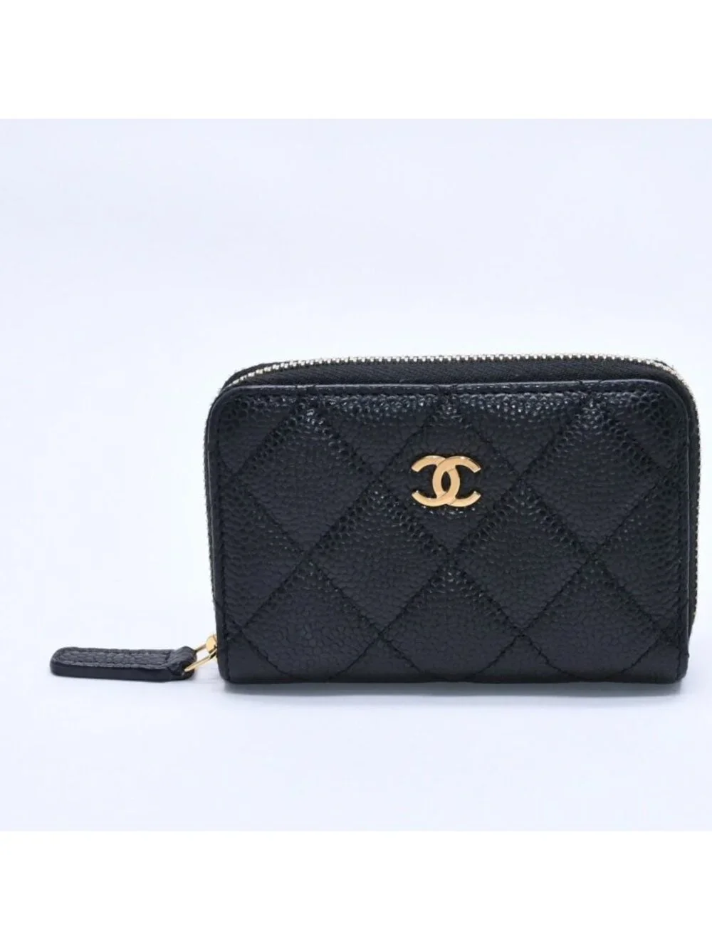 Chanel Classic Zip Coin Purse Quilted Caviar Leather Stand Black Wallet Card